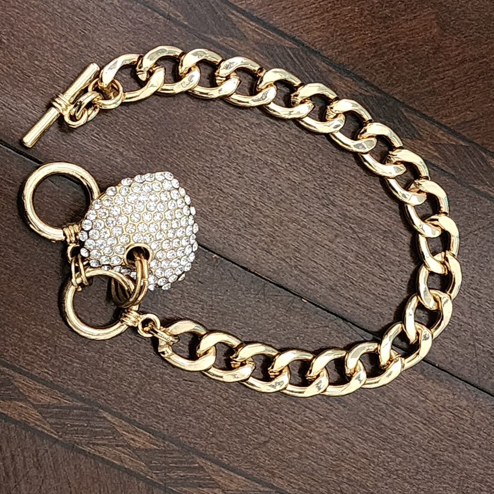 Radiant Gold Heart Bracelet Chain  with Pave Heart Charm Approx. 8" Approx.
